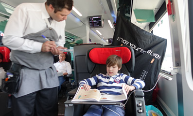 Ordering food in business class on the train from Vienna to Venice