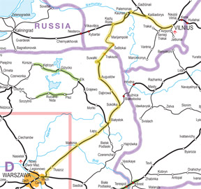 Warsaw to Vilnius train route map