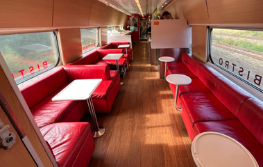 Bistro seating area on a Copenhagen-Stockholm X2000 train