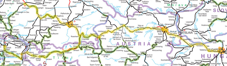 Zurich & Munich to Budapest train route map