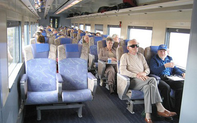 Refurbished Red service seats on the 'Overland' Melbourne to Adelaide train.