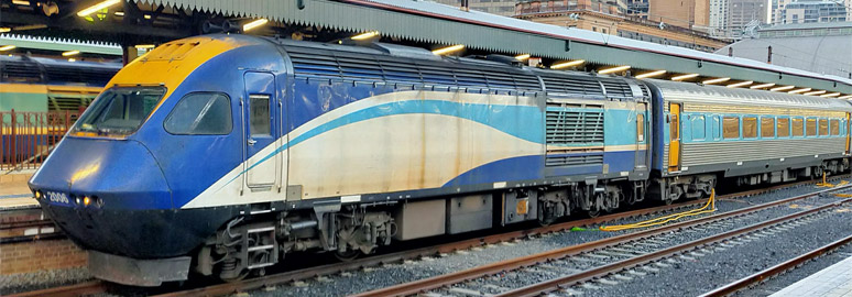 A CountryLink Xplorer train about to leave Sydney for Canberra