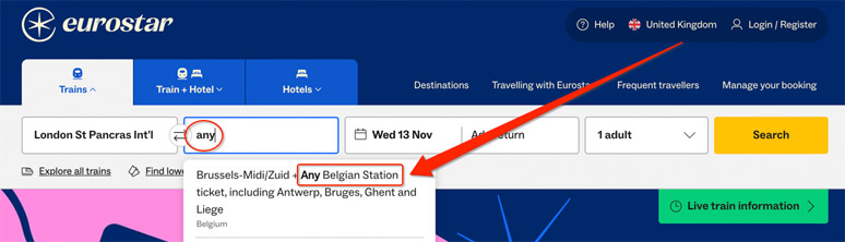 Eurostar any Belgian station ticket
