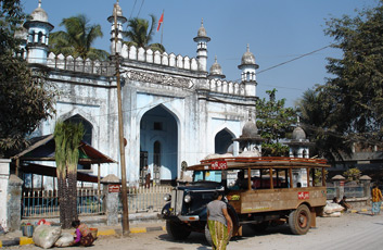 A local bus outside a mosque, Moulmein...