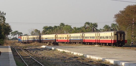 The Bagan to Yangon train being shunted at Bagan station