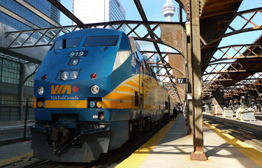 A VIA Rail train to Montreal waits to leave Toronto