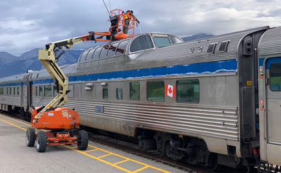 Skyline dome getting its glass cleaned at Jasper