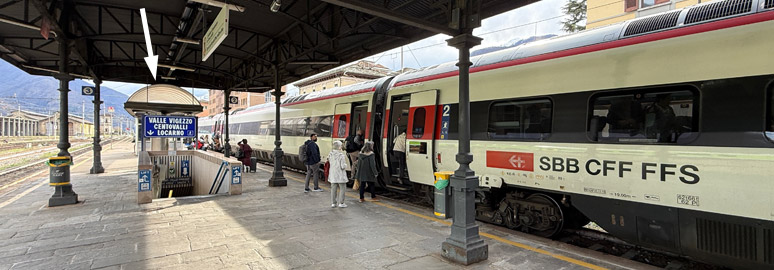 Platforms at Domodossola showing steps down to the Centovalli Railway