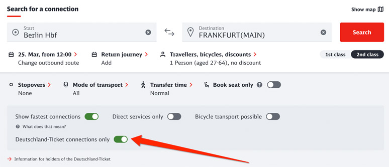 Search trains on which to use a Deutschland Ticket