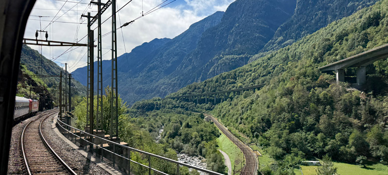 The European Sleeper to Milan descends from the Gotthard Tunnel