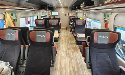 First class on a Hitachi Intercity train from Rome to Sicily