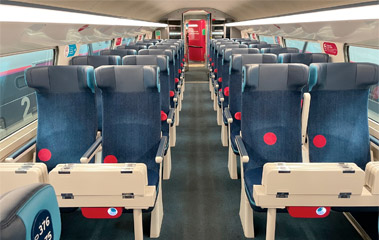 Seats on a refurbished Ouigo train, upper deck