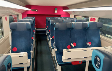 Seats on a refurbished Ouigo train, lower deck